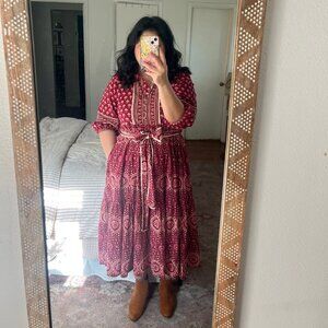 Deep Red Patterned Cotton Midi Dress with Removable Belt